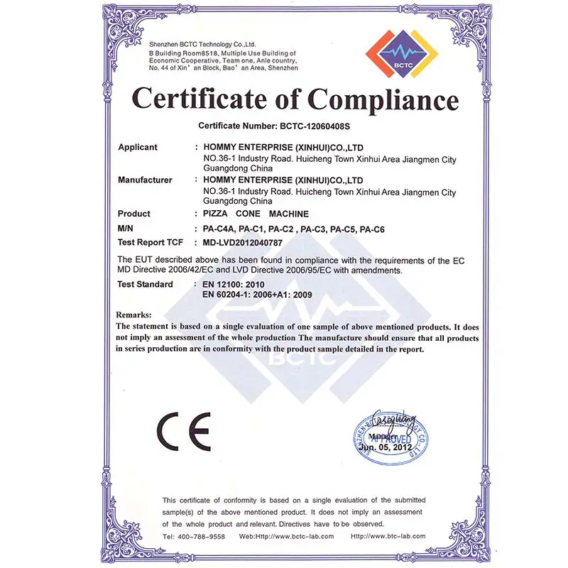 PIZZA machine CE certificate